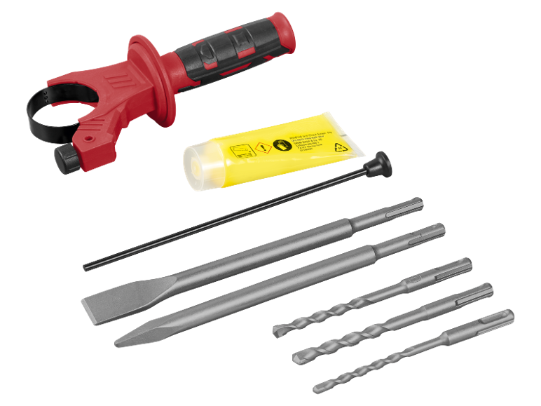 Drill accessory set with chisels, drill bits, grease, and an auxiliary handle.