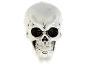 White plastic skull with black eye sockets on a black background.