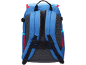 Back view of a blue backpack with padded shoulder straps and a mesh back panel.