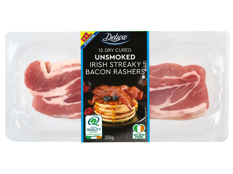 Pack of unsmoked Irish streaky bacon rashers, 25% extra free, 250g.