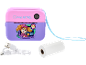 Pink and purple children's camera with a puppy image, USB cable, and paper roll.
