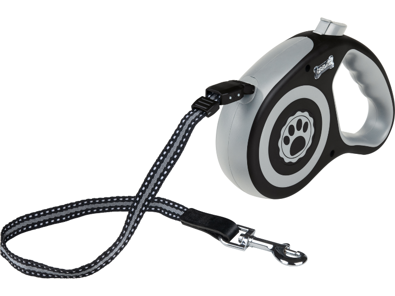 Grey and black retractable dog leash with a paw print.