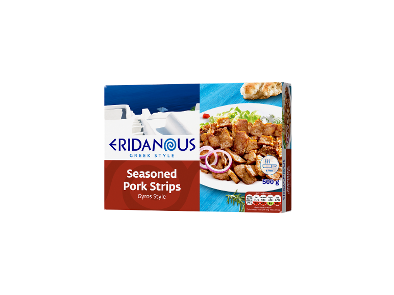 Seasoned pork strips in Greek style, 500g pack, ready in 6-7 minutes.