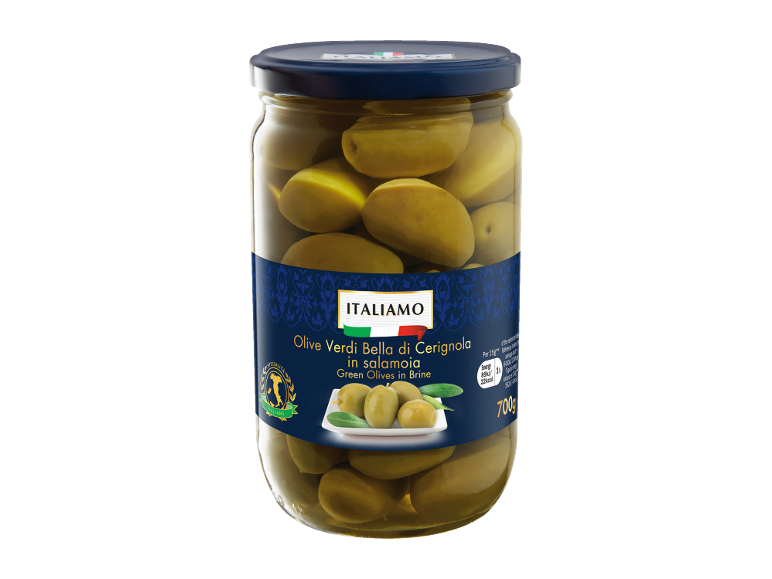 Jar of green olives in brine with a blue label, 700g.