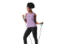 Woman in a lilac tank top and black leggings exercising with resistance bands.
