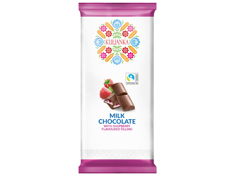 Milk chocolate with raspberry flavoured filling, packaging with folk pattern and Fairtrade logo.