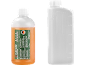 Water-based chain fluid and a measuring bottle for oil and petrol mixtures.