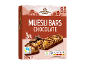 Chocolate muesli bars box with 8 bars, Fairtrade cocoa, and nutritional information.