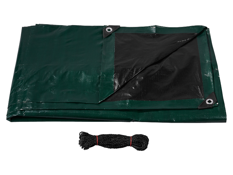 Green tarp with a black underside and a coiled black rope.