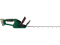 Cordless hedge trimmer in green and black with red accents.