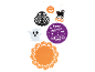 Various Halloween decorations: ghost, owl, pumpkins, black cat, and 'Happy Halloween' on a purple background.