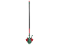 Garden broom with black handle and red and green bristles.