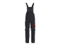 Dark grey overalls with red stitching and accents, including pockets and adjustable straps.