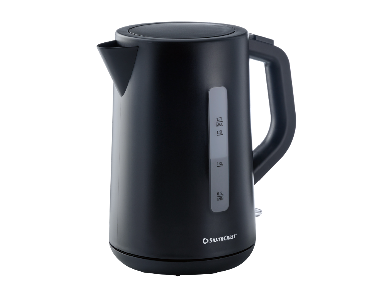 Black electric kettle with water level indicator and handle