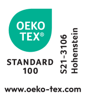 STANDARD 100 by OEKO-TEX® seal, S21-3106 Hohenstein, www.oeko-tex.com