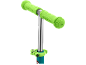 Close-up of a scooter handlebar with bright green grips featuring the word 'SCOOTER'.