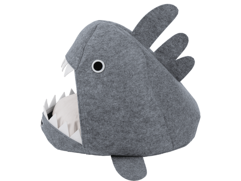 Grey felt pet bed shaped like a shark with an open mouth.