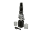 Disassembled black slow juicer with transparent containers and a pusher.