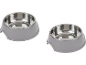 Two grey pet bowls with metallic inserts.