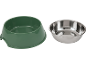 Green plastic pet bowl and stainless steel pet bowl.