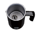 Black milk frother with a whisk inside, showing max and min fill lines.