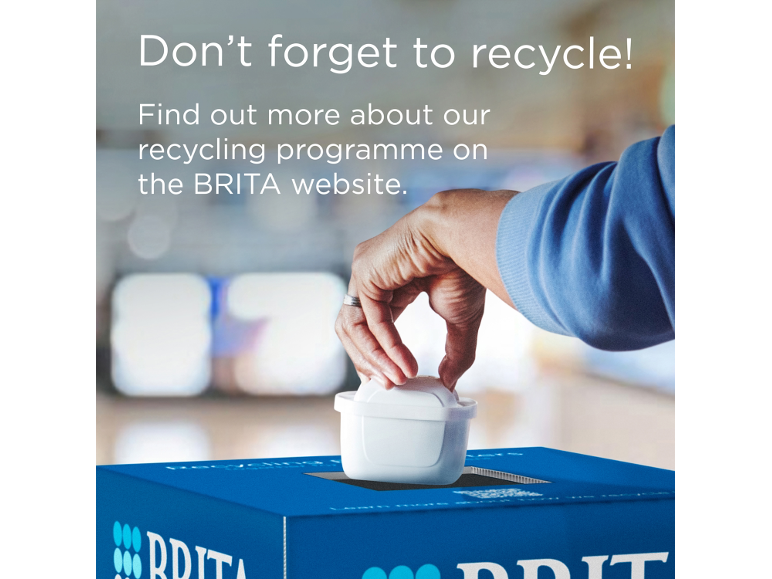 Hand placing a water filter into a recycling box, with text about recycling.