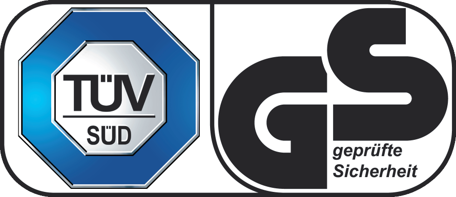 TÜV SÜD and GS (Geprüfte Sicherheit) safety seal.