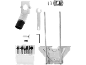 A router accessory set including router bits, a wrench, and a guide.