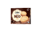 Box of 4 chocolate ice cream sandwiches with cookies, with melted chocolate and chocolate pieces.