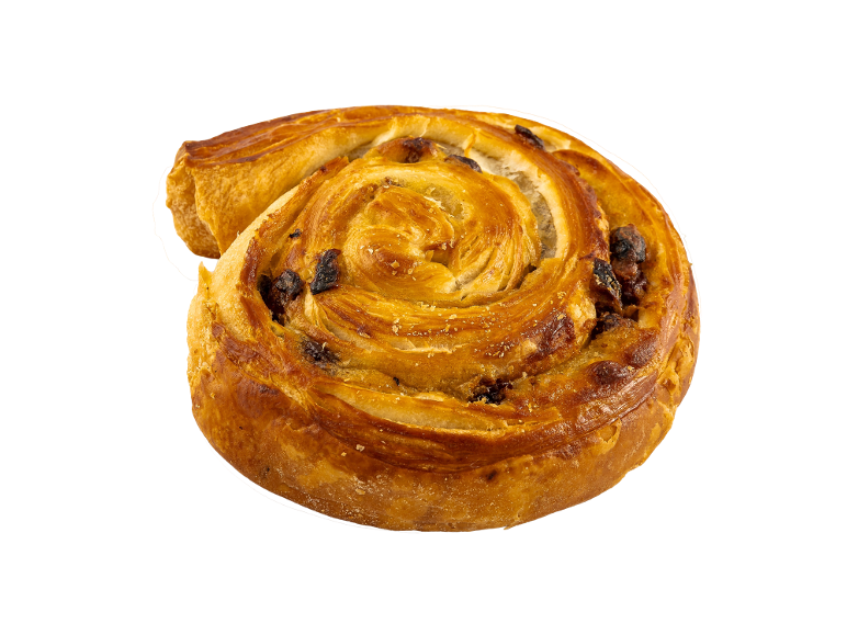 A golden, rolled raisin swirl on a black background.