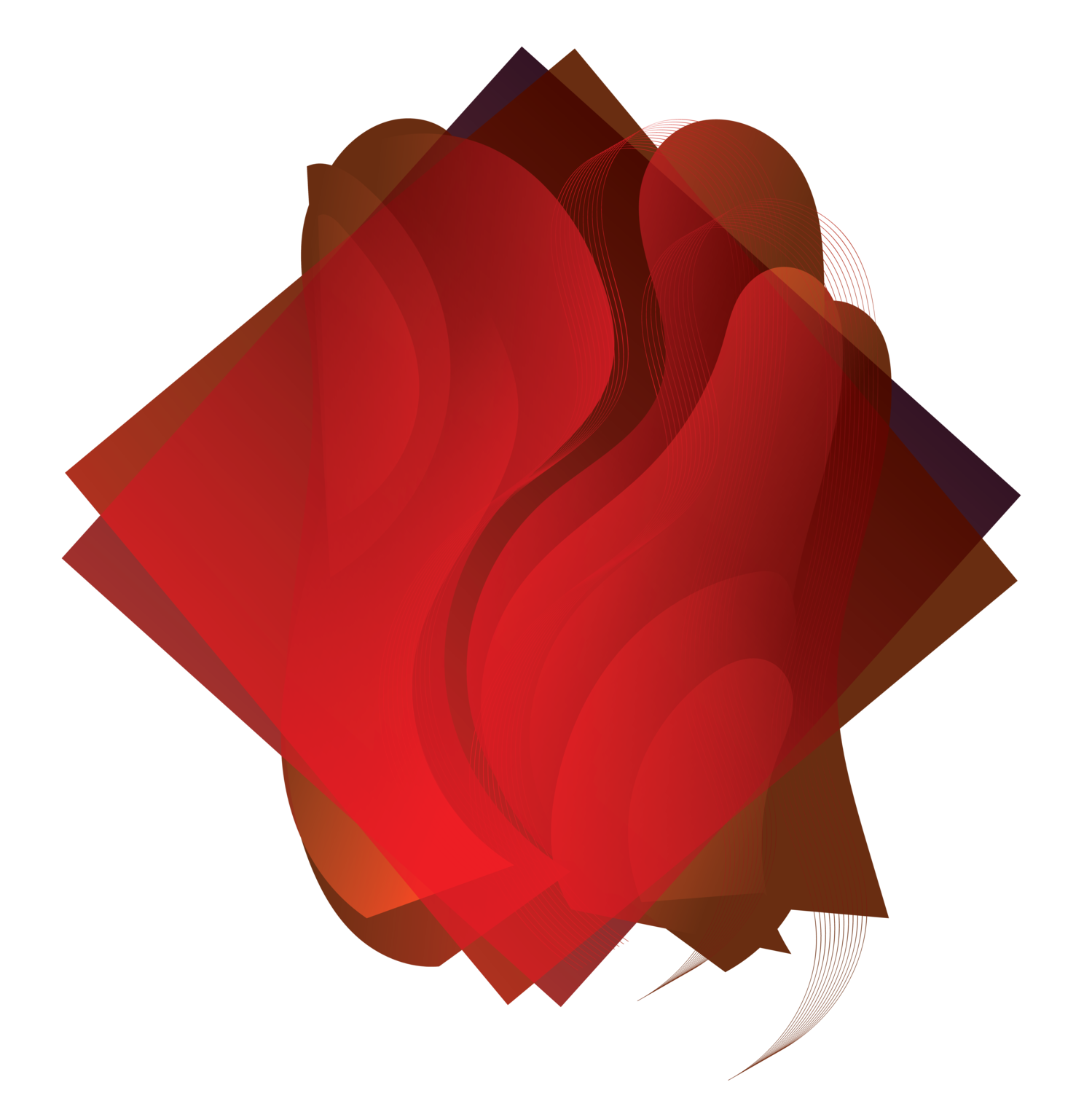 Abstract red and brown shapes with wavy lines on a black background.