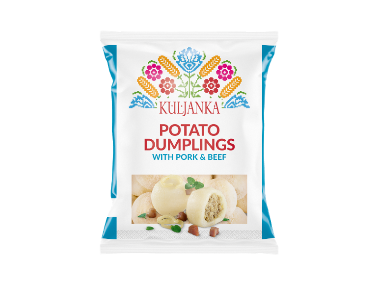 Packaging of potato dumplings with pork and beef, featuring a traditional floral design.