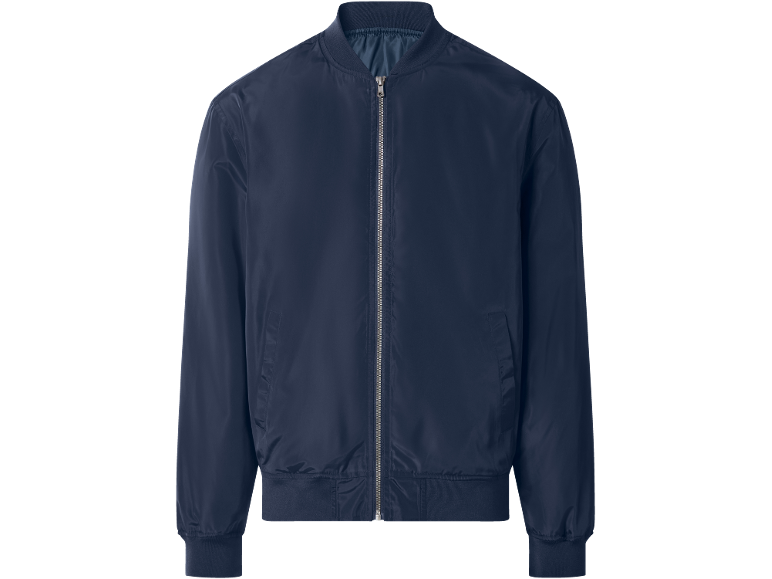 Navy blue men's bomber jacket with a zipper.