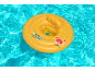 Yellow swimming float with a crab and text, floating in a pool.