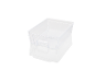 Transparent storage container with a handle, reflected on a black surface.