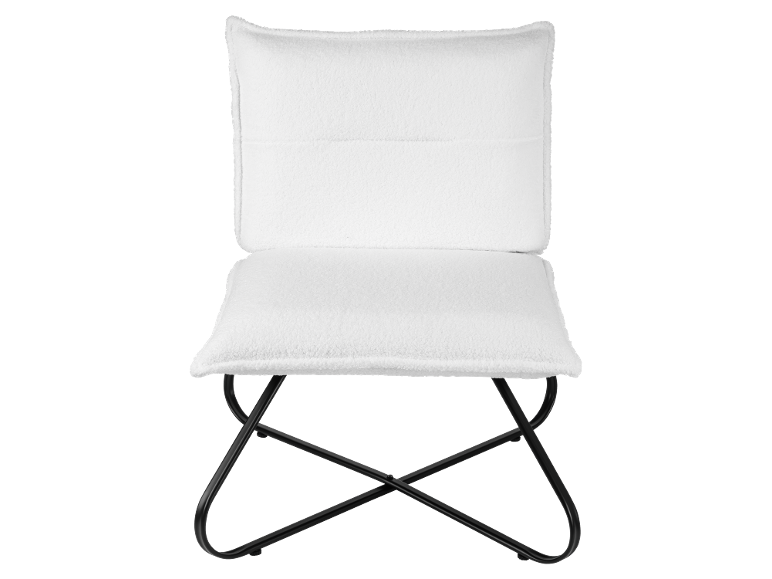 White teddy fabric lounge chair with a black metal frame.