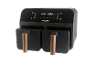 Black dual air fryer with wooden handles, digital display showing 210 and 15:00.