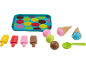 Toy ice cream set with tray, popsicles, ice cream scoops, and cones.