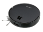Round black robot vacuum cleaner with control buttons and side brushes.