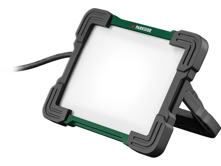 Portable LED work light with a green frame and black protective corners, featuring a white illuminated panel.