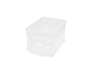 Clear plastic storage container on a black background