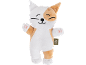 White and orange cat plush toy with a smiling face and paws with pink pads.