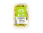 White seedless grapes in a plastic container, with a green label indicating they are sweet and juicy.