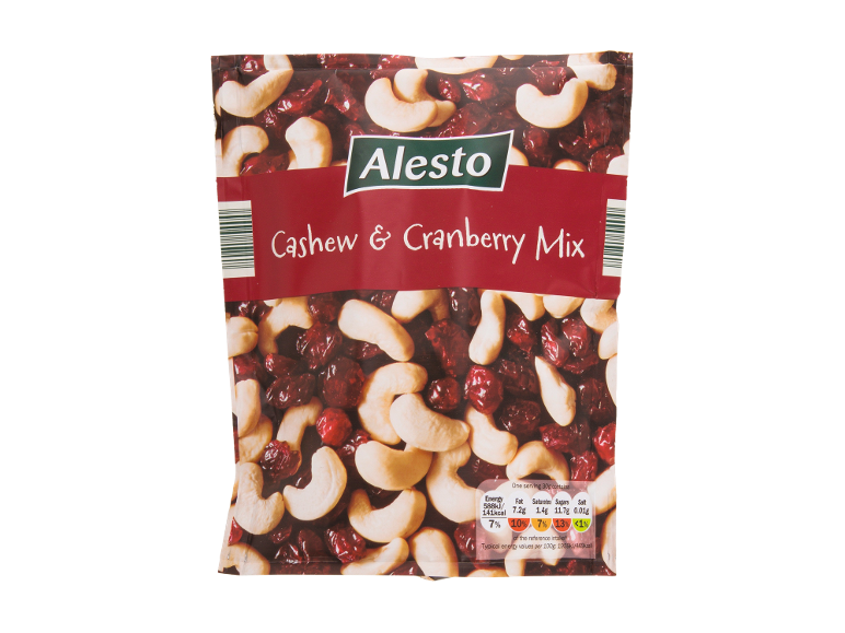 A bag of cashew and cranberry mix with nutritional information.