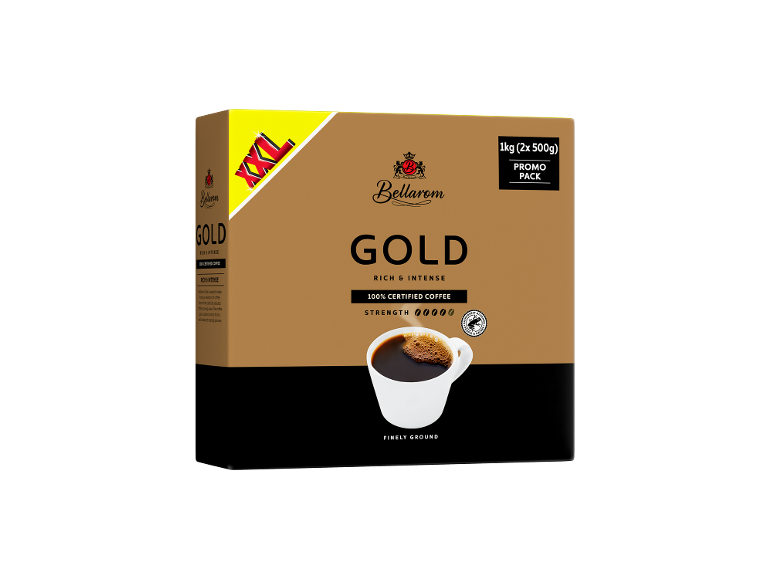 Promo pack of Gold finely ground coffee, rich and intense, 100% certified, 1kg (2x 500g).
