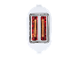 Top-down view of a white toaster with two slices of bread toasting inside, glowing red.