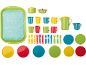 Colorful toy kitchen set with tray, cups, plates, and cutlery.