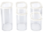 Transparent food storage containers with white lids, in various sizes.