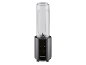 Black personal blender with a clear cup and blades, featuring a power button.