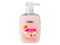 Pink liquid handwash with almond scent and moisturizing properties, with a pump dispenser.